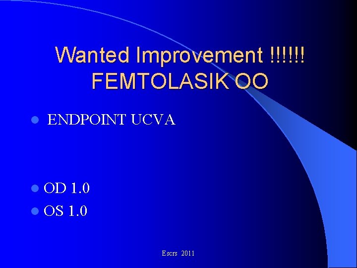 Wanted Improvement !!!!!! FEMTOLASIK OO l ENDPOINT UCVA l OD 1. 0 l OS Wanted Improvement !!!!!! FEMTOLASIK OO l ENDPOINT UCVA l OD 1. 0 l OS