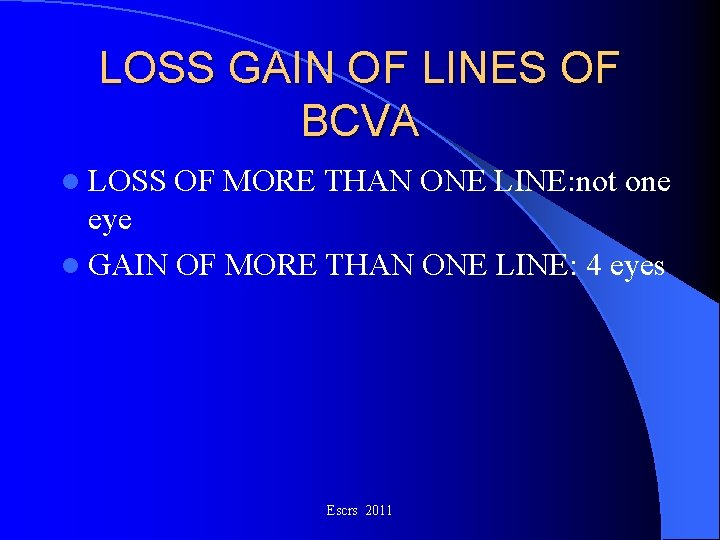 LOSS GAIN OF LINES OF BCVA l LOSS OF MORE THAN ONE LINE: not LOSS GAIN OF LINES OF BCVA l LOSS OF MORE THAN ONE LINE: not