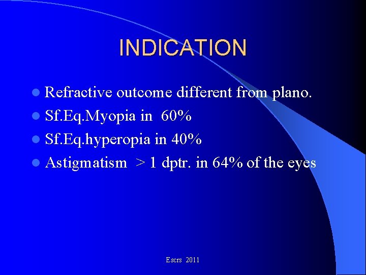 INDICATION l Refractive outcome different from plano. l Sf. Eq. Myopia in 60% l INDICATION l Refractive outcome different from plano. l Sf. Eq. Myopia in 60% l