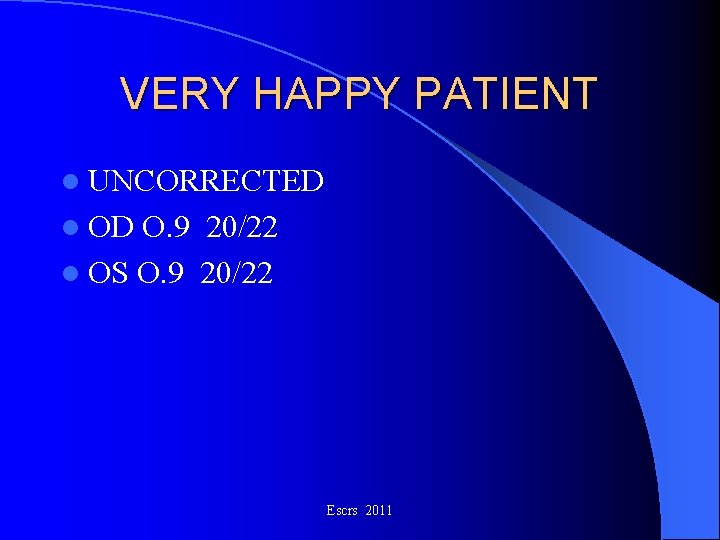 VERY HAPPY PATIENT l UNCORRECTED l OD O. 9 20/22 l OS O. 9 VERY HAPPY PATIENT l UNCORRECTED l OD O. 9 20/22 l OS O. 9