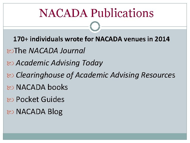 NACADA Publications 170+ individuals wrote for NACADA venues in 2014 The NACADA Journal Academic