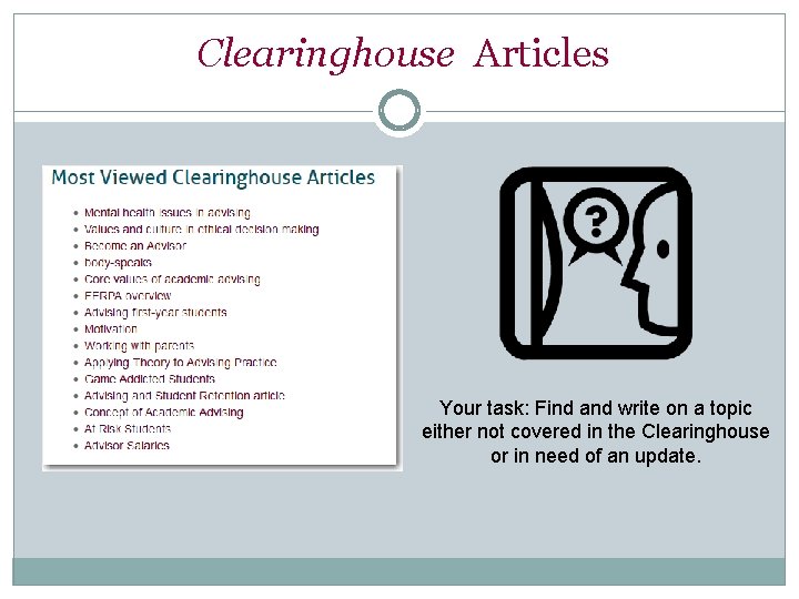 Clearinghouse Articles Your task: Find and write on a topic either not covered in