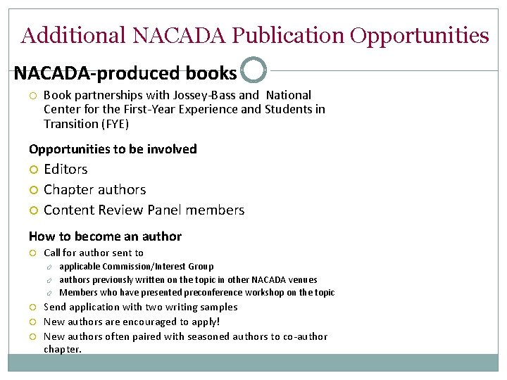 Additional NACADA Publication Opportunities NACADA-produced books Book partnerships with Jossey-Bass and National Center for