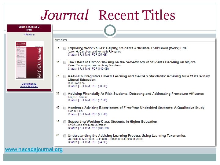 Journal Recent Titles www. nacadajournal. org 