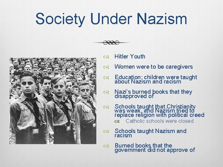 Society Under Nazism Hitler Youth Women were to be caregivers Education: children were taught