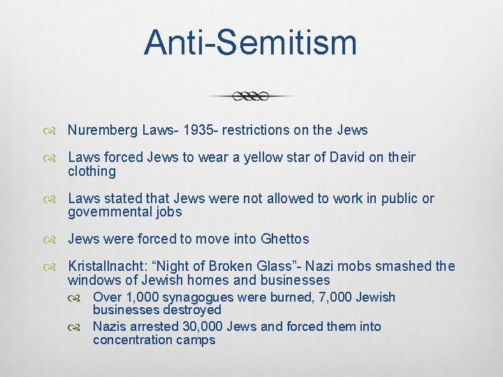 Anti-Semitism Nuremberg Laws- 1935 - restrictions on the Jews Laws forced Jews to wear