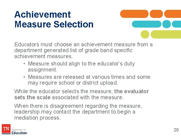 Achievement Measure Selection Educators must choose an achievement measure from a department generated list Achievement Measure Selection Educators must choose an achievement measure from a department generated list