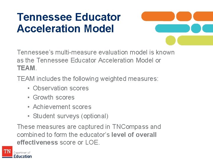 Tennessee Educator Acceleration Model Tennessee’s multi-measure evaluation model is known as the Tennessee Educator Tennessee Educator Acceleration Model Tennessee’s multi-measure evaluation model is known as the Tennessee Educator