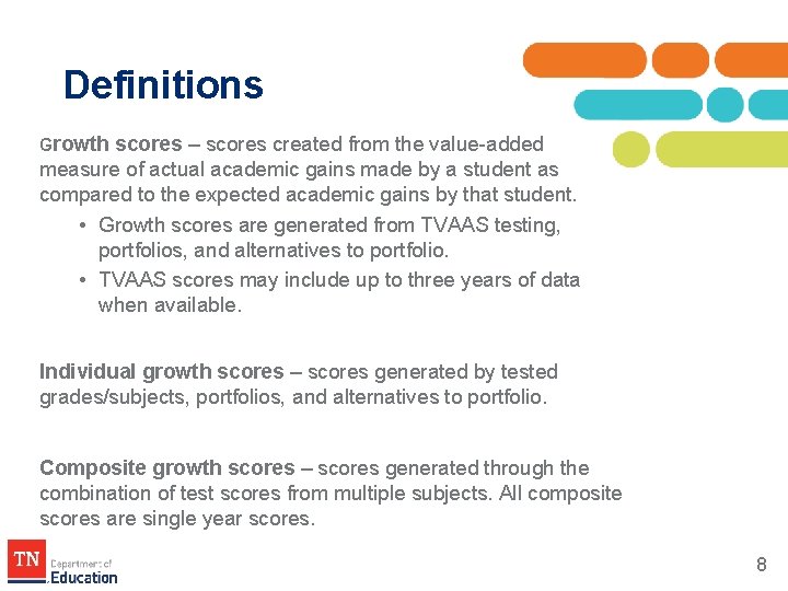 Definitions Growth scores – scores created from the value-added measure of actual academic gains Definitions Growth scores – scores created from the value-added measure of actual academic gains