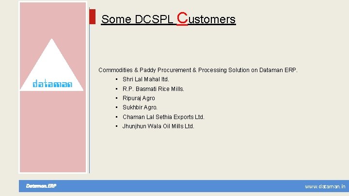 Some DCSPL Customers Commodities & Paddy Procurement & Processing Solution on Dataman ERP. •