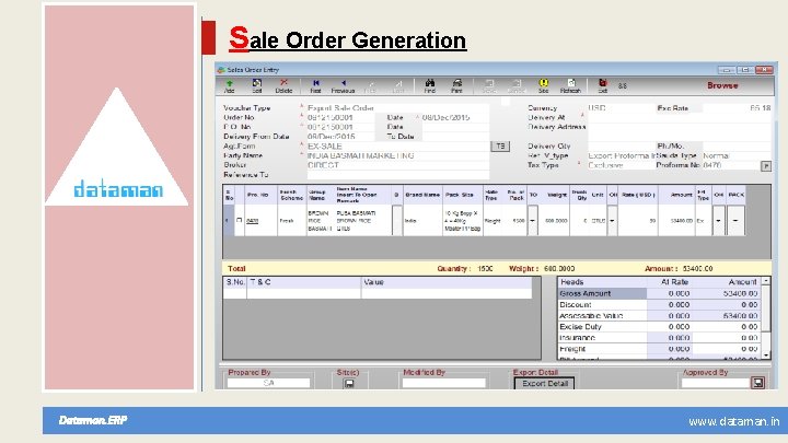 Sale Order Generation Dataman. ERP www. dataman. in 