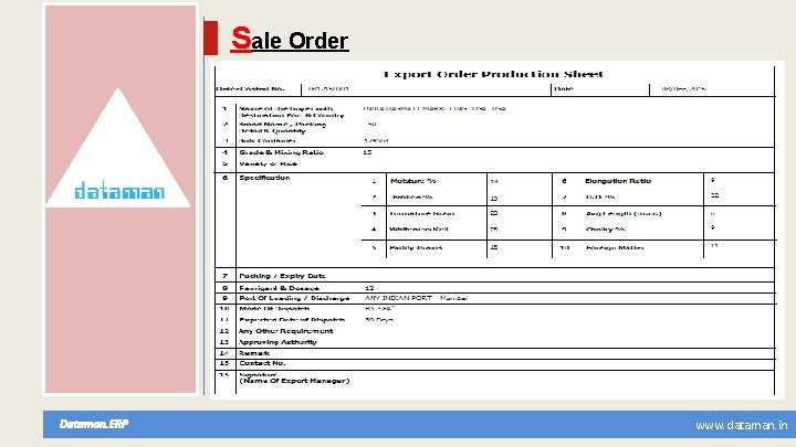 Sale Order Dataman. ERP www. dataman. in 