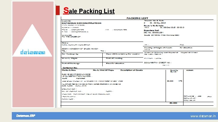 Sale Packing List Dataman. ERP www. dataman. in 