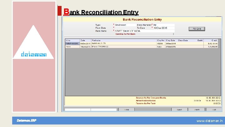 Bank Reconciliation Entry Dataman. ERP www. dataman. in 