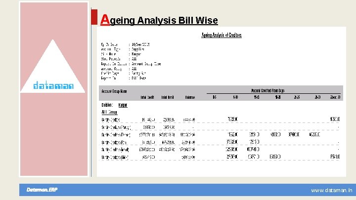 Ageing Analysis Bill Wise Dataman. ERP www. dataman. in 