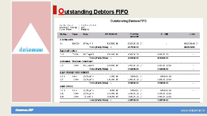 Outstanding Debtors FIFO Dataman. ERP www. dataman. in 