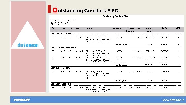 Outstanding Creditors FIFO Dataman. ERP www. dataman. in 