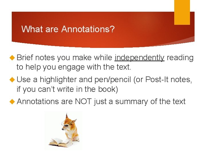 What are Annotations? Brief notes you make while independently reading to help you engage