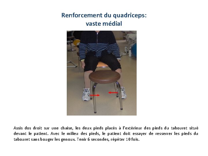 Renforcement du quadriceps: vaste médial Assis dos droit sur une chaise, les deux pieds