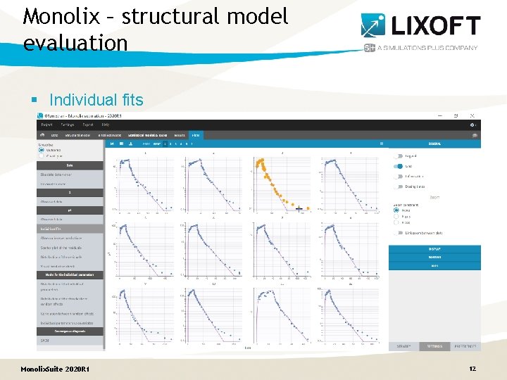 Monolix – structural model evaluation § Individual fits Monolix. Suite 2020 R 1 12