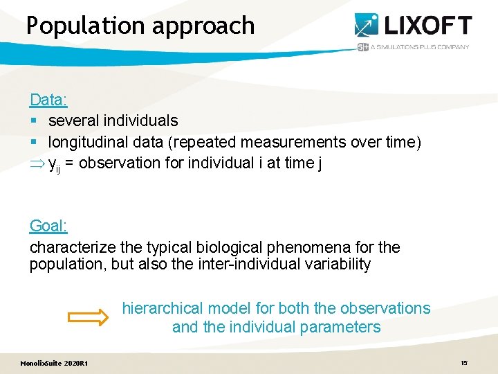 Population approach Data: § several individuals § longitudinal data (repeated measurements over time) Þ