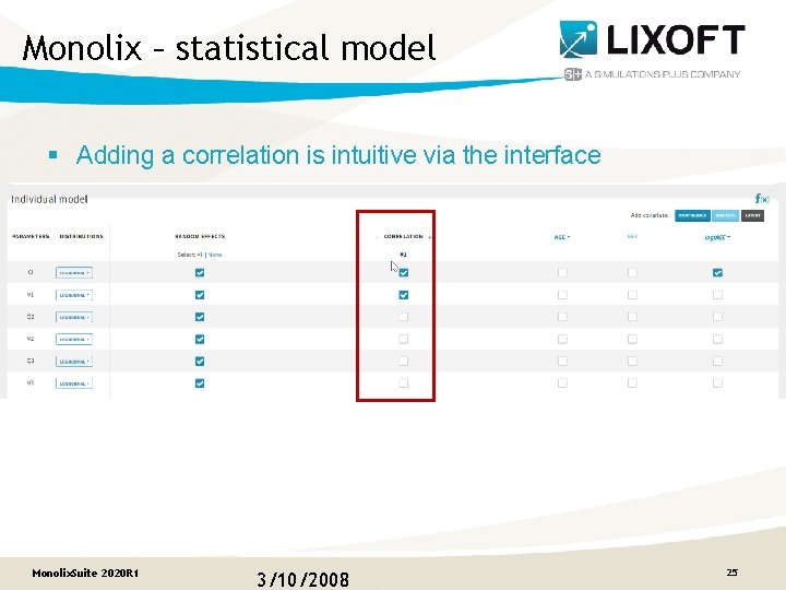 Monolix – statistical model § Adding a correlation is intuitive via the interface Monolix.