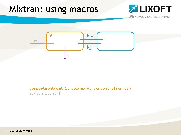 Mlxtran: using macros iv V k 12 k 21 k compartment(cmt=1, volume=V, concentration=Cc) iv(adm=1,