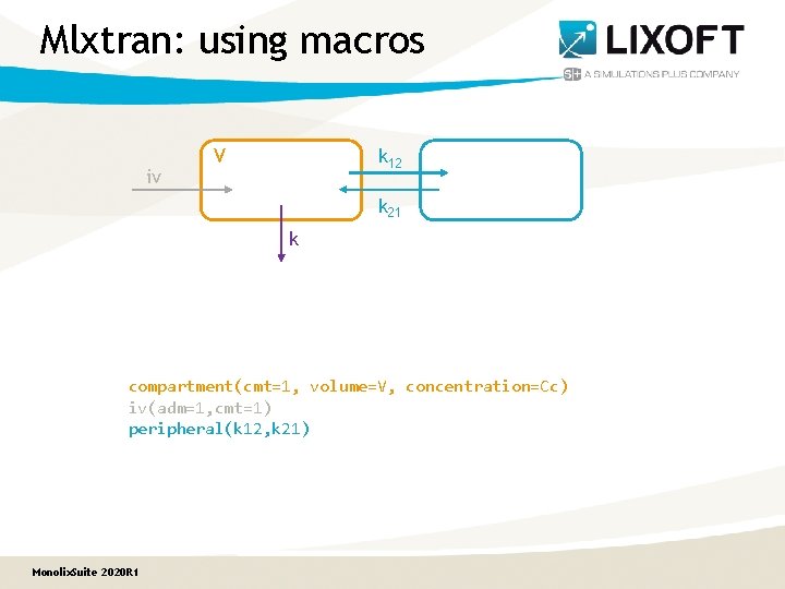 Mlxtran: using macros iv V k 12 k 21 k compartment(cmt=1, volume=V, concentration=Cc) iv(adm=1,
