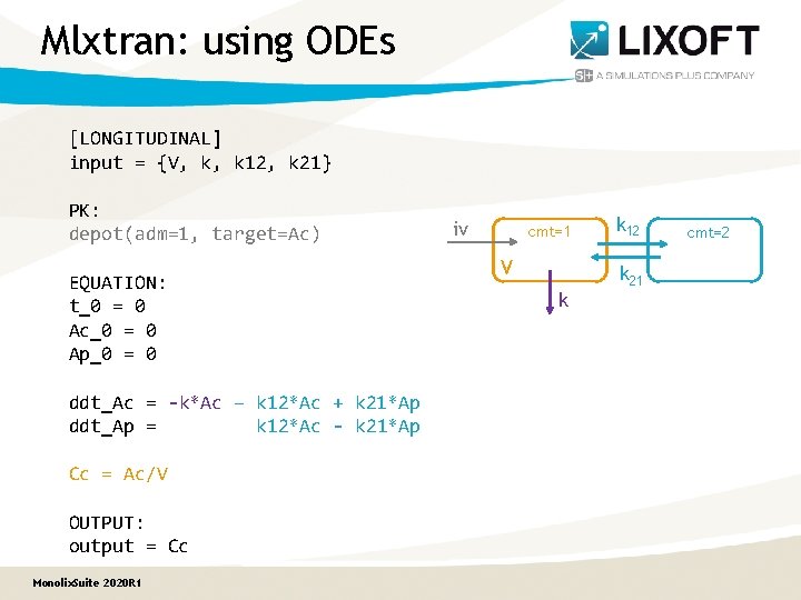 Mlxtran: using ODEs [LONGITUDINAL] input = {V, k, k 12, k 21} PK: depot(adm=1,
