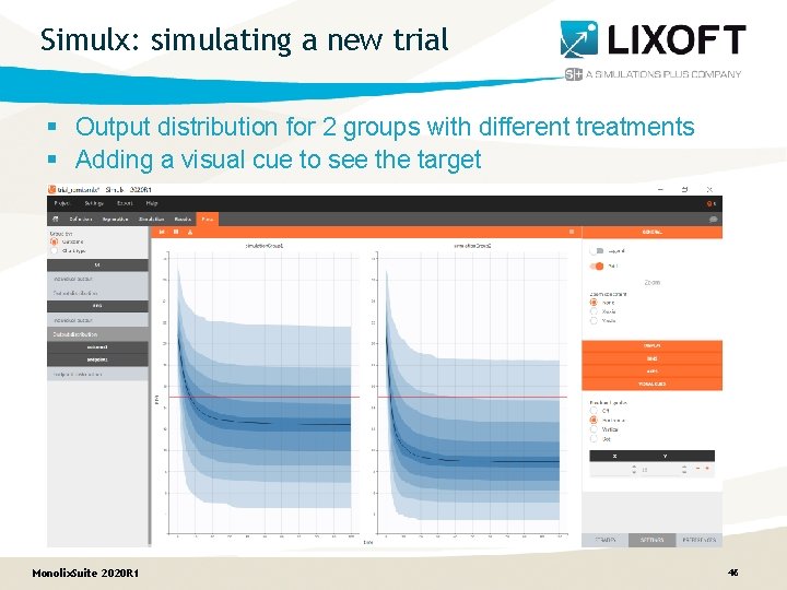 Simulx: simulating a new trial § Output distribution for 2 groups with different treatments