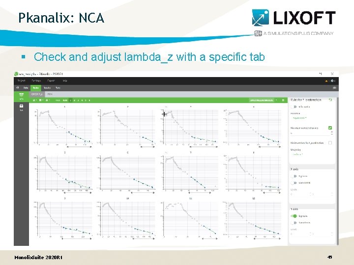 Pkanalix: NCA § Check and adjust lambda_z with a specific tab Monolix. Suite 2020