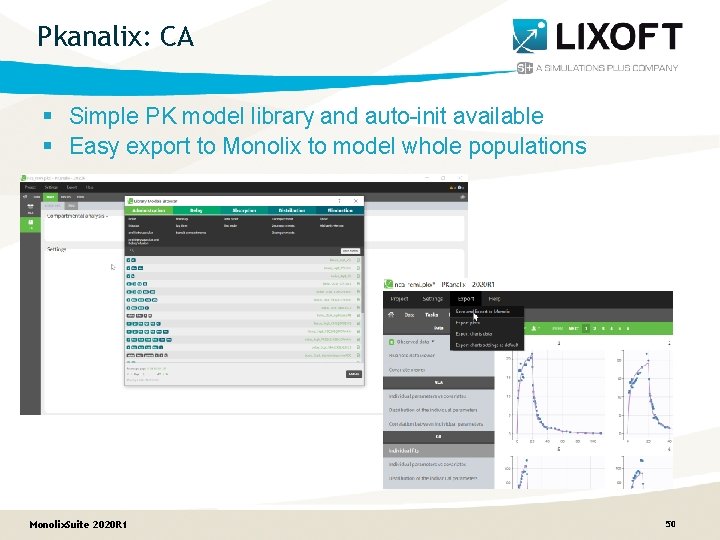 Pkanalix: CA § Simple PK model library and auto-init available § Easy export to