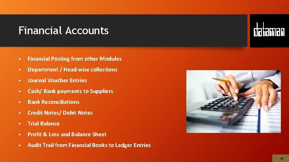 Financial Accounts • Financial Posting from other Modules • Department / Head wise collections