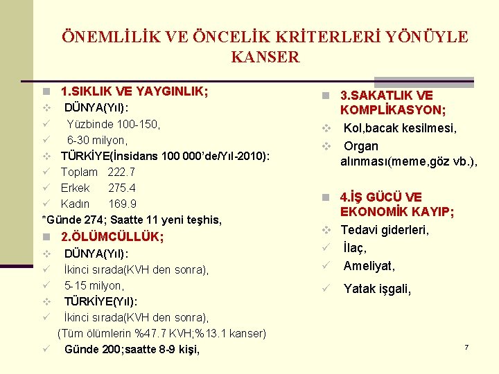 ÖNEMLİLİK VE ÖNCELİK KRİTERLERİ YÖNÜYLE KANSER n 1. SIKLIK VE YAYGINLIK; v DÜNYA(Yıl): ü