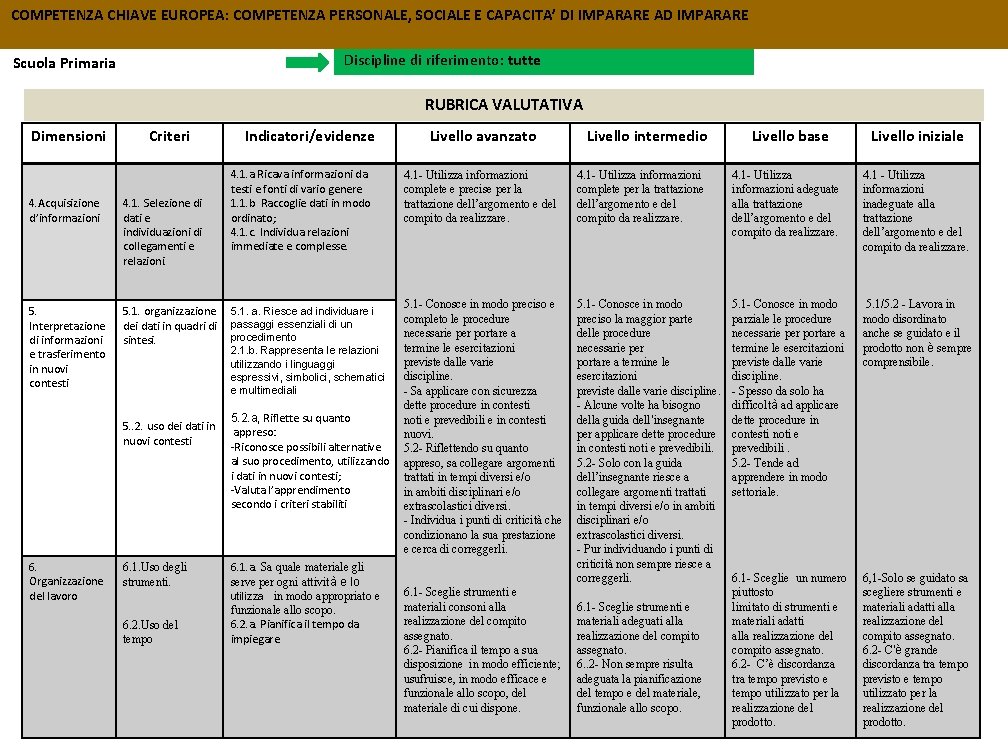 COMPETENZA CHIAVE EUROPEA: COMPETENZA PERSONALE, SOCIALE E CAPACITA’ DI IMPARARE AD IMPARARE Discipline di