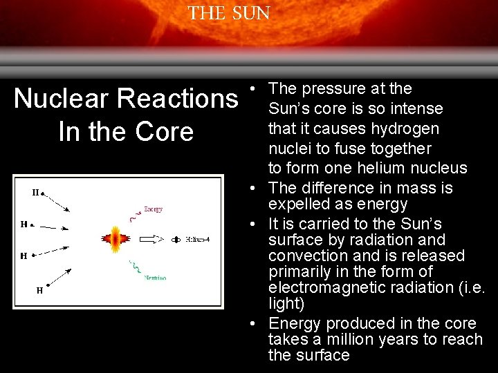 THE SUN Nuclear Reactions In the Core • The pressure at the Sun’s core