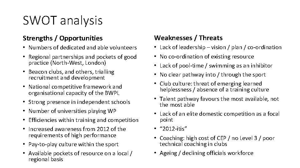 SWOT analysis Strengths / Opportunities Weaknesses / Threats • Numbers of dedicated and able