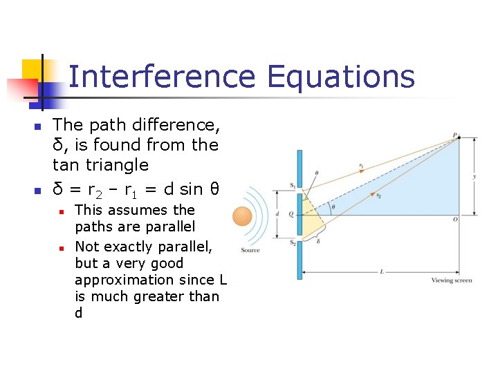 Interference Equations n n The path difference, δ, is found from the tan triangle