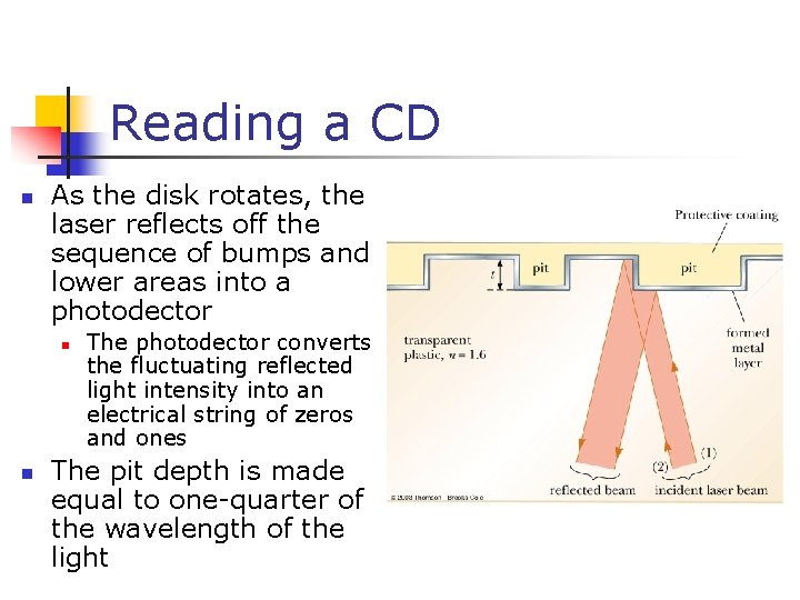 Reading a CD n As the disk rotates, the laser reflects off the sequence