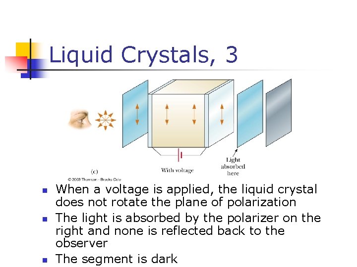 Liquid Crystals, 3 n n n When a voltage is applied, the liquid crystal