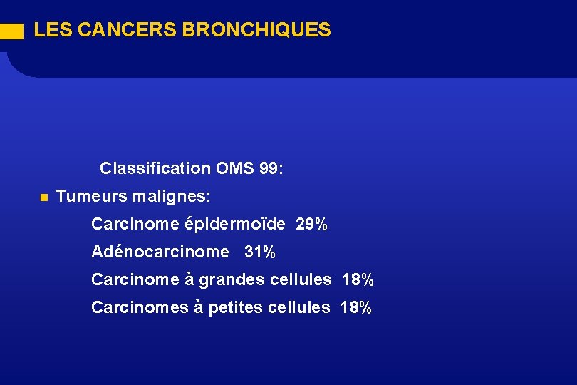 LES CANCERS BRONCHIQUES Classification OMS 99: n Tumeurs malignes: Carcinome épidermoïde 29% Adénocarcinome 31%