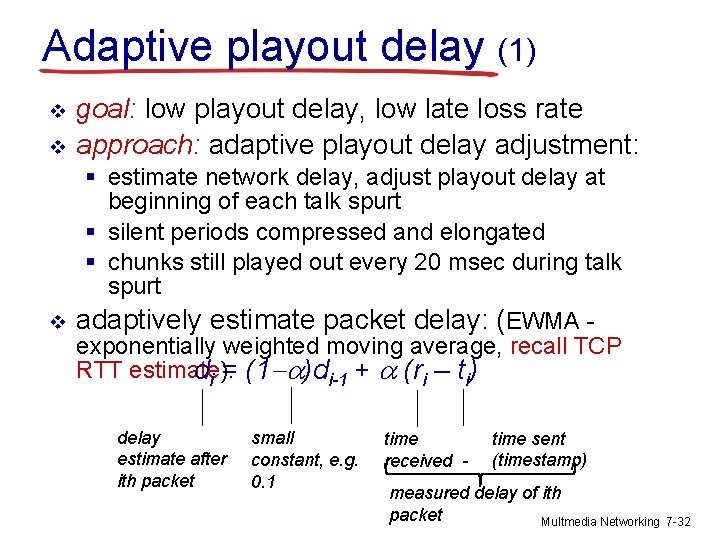 Adaptive playout delay (1) v v v goal: low playout delay, low late loss