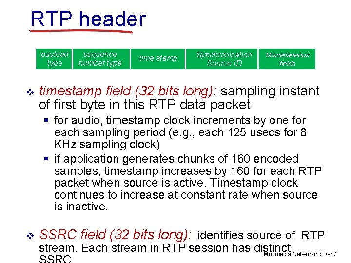 RTP header payload type v sequence number type time stamp Synchronization Source ID Miscellaneous
