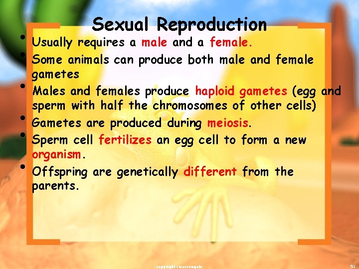 Sexual Reproduction • Usually requires a male and a female. • Some animals can