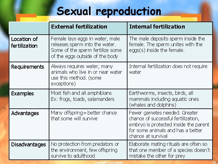 Sexual reproduction External fertilization Internal fertilization Location of fertilization Female lays eggs in water,