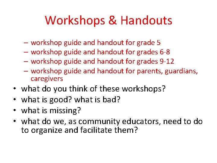 Workshops & Handouts – workshop guide and handout for grade 5 – workshop guide