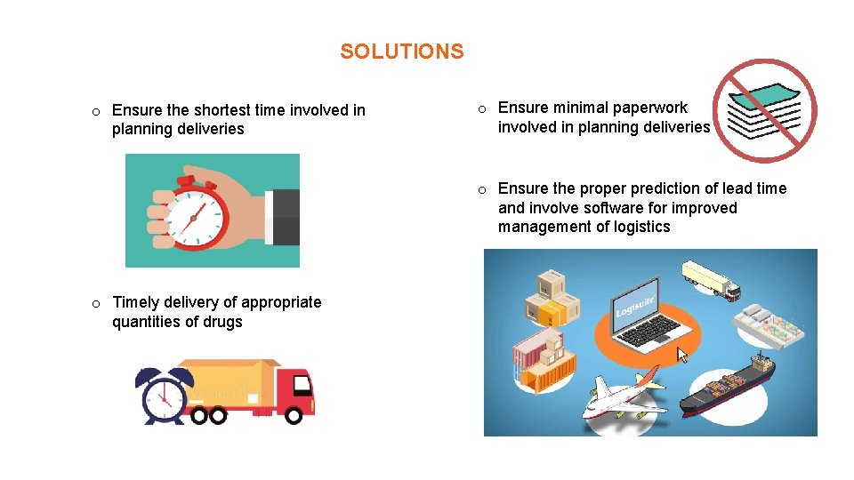 SOLUTIONS o Ensure the shortest time involved in planning deliveries o Ensure minimal paperwork