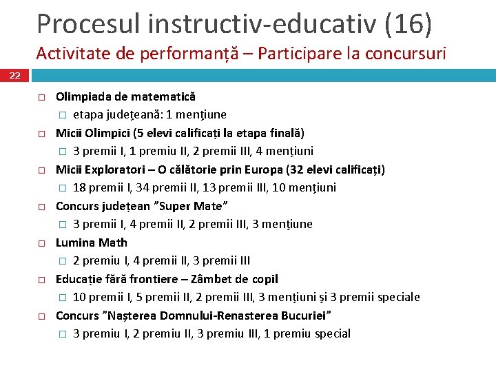 Procesul instructiv-educativ (16) Activitate de performanță – Participare la concursuri 22 Olimpiada de matematică