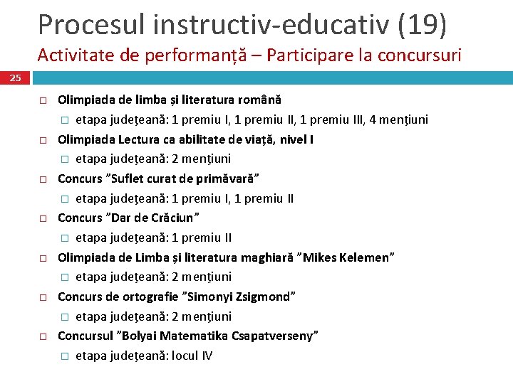 Procesul instructiv-educativ (19) Activitate de performanță – Participare la concursuri 25 Olimpiada de limba