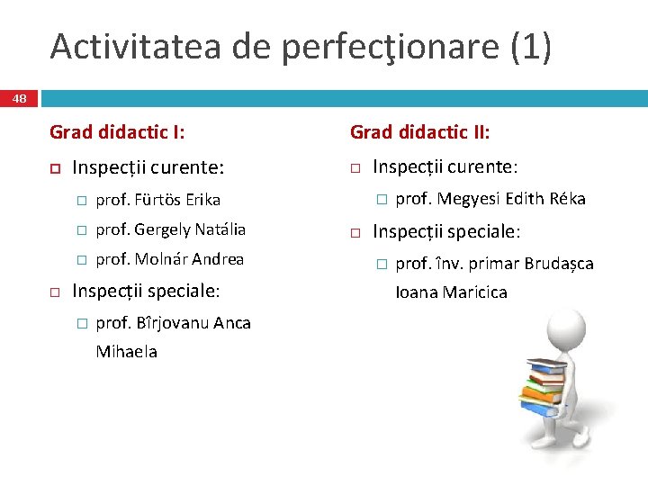 Activitatea de perfecţionare (1) 48 Grad didactic I: Inspecții curente: � prof. Fürtös Erika